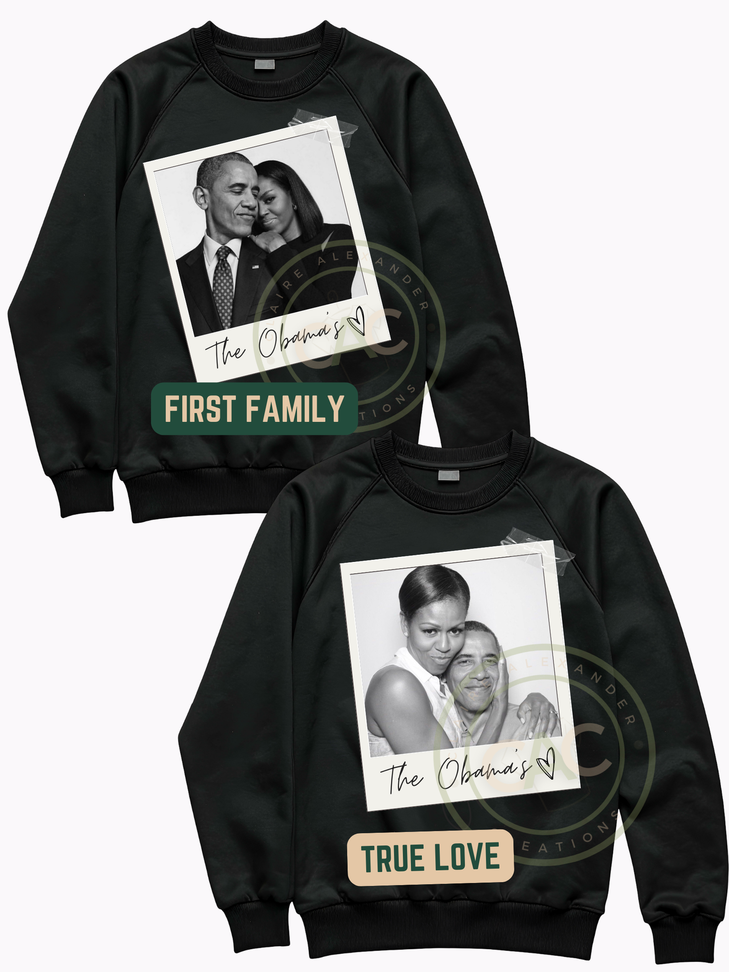 Two black sweatshirts with printed images and text on a white background