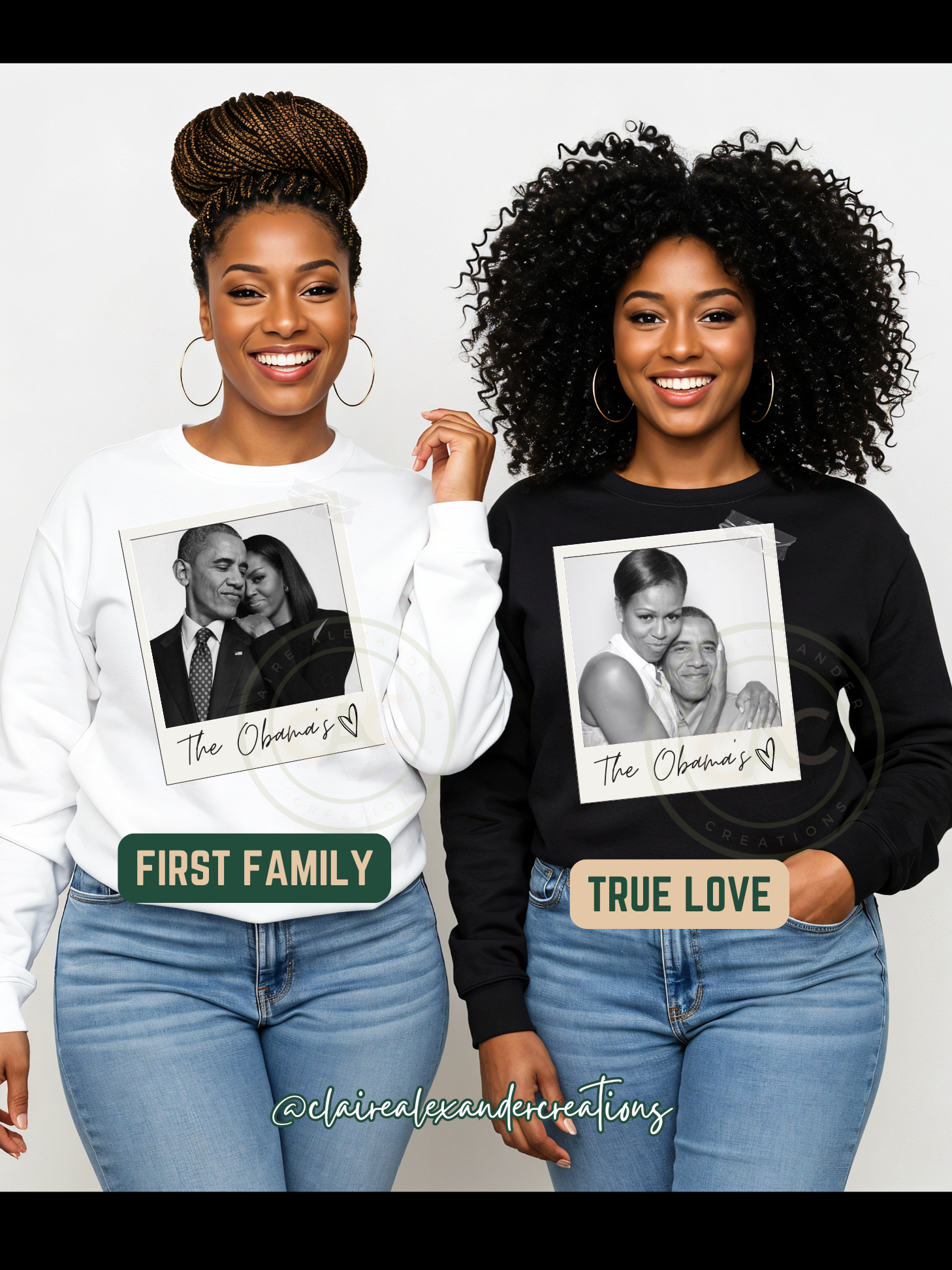 Two women wearing sweatshirts with printed images and text, standing side by side against a plain background.